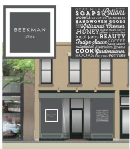 This rendering, shared on the Beekman 1802 Facebook page, displays a list of goods that will be available at the pop-up store in Corning, NY.